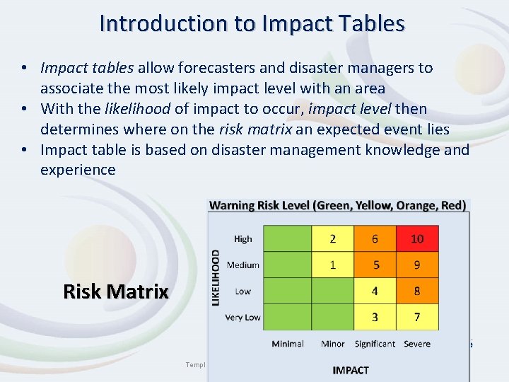 Introduction to Impact Tables • Impact tables allow forecasters and disaster managers to associate