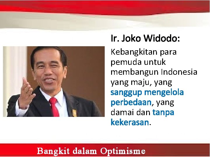 Ir. Joko Widodo: Kebangkitan para pemuda untuk membangun Indonesia yang maju, yang sanggup mengelola
