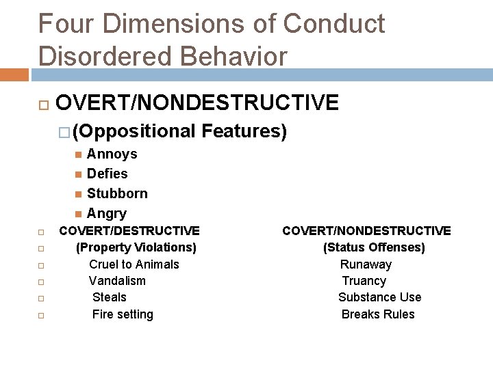 Four Dimensions of Conduct Disordered Behavior OVERT/NONDESTRUCTIVE � (Oppositional Features) Annoys Defies Stubborn Angry