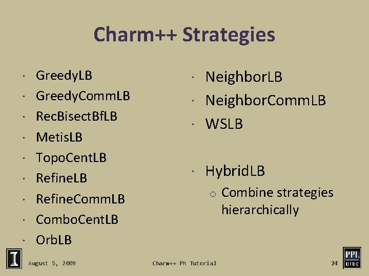 Charm++ Strategies Greedy. LB Greedy. Comm. LB Rec. Bisect. Bf. LB Metis. LB Topo.