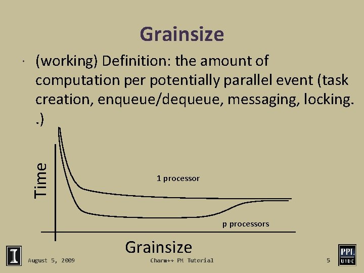 Grainsize (working) Definition: the amount of computation per potentially parallel event (task creation, enqueue/dequeue,