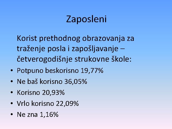 Zaposleni Korist prethodnog obrazovanja za traženje posla i zapošljavanje – četverogodišnje strukovne škole: •