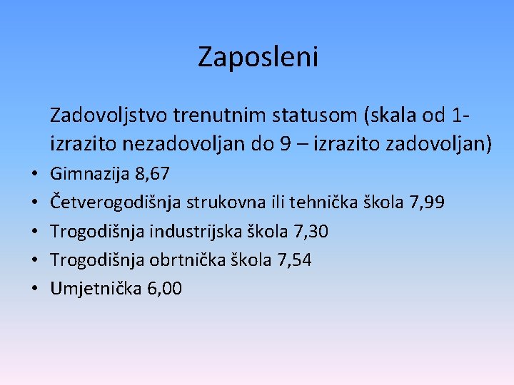 Zaposleni Zadovoljstvo trenutnim statusom (skala od 1 izrazito nezadovoljan do 9 – izrazito zadovoljan)