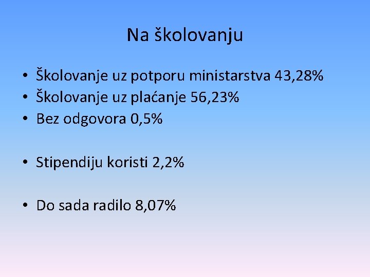 Na školovanju • Školovanje uz potporu ministarstva 43, 28% • Školovanje uz plaćanje 56,