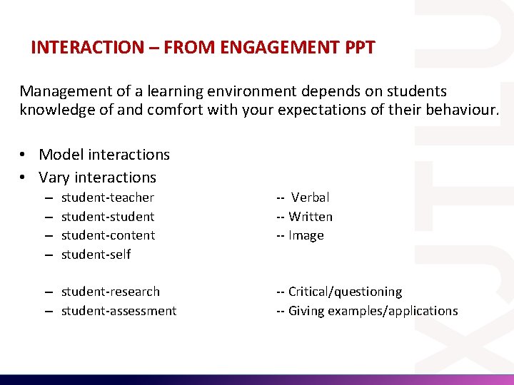 INTERACTION – FROM ENGAGEMENT PPT Management of a learning environment depends on students knowledge