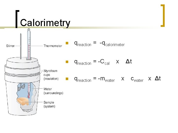 Calorimetry n qreaction = qcalorimeter n qreaction = Ccal x Δt n qreaction =