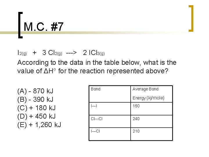 M. C. #7 I 2(g) + 3 Cl 2(g) > 2 ICl 3(g) According