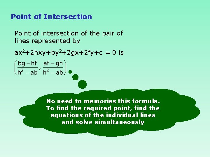 Point of Intersection Point of intersection of the pair of lines represented by ax