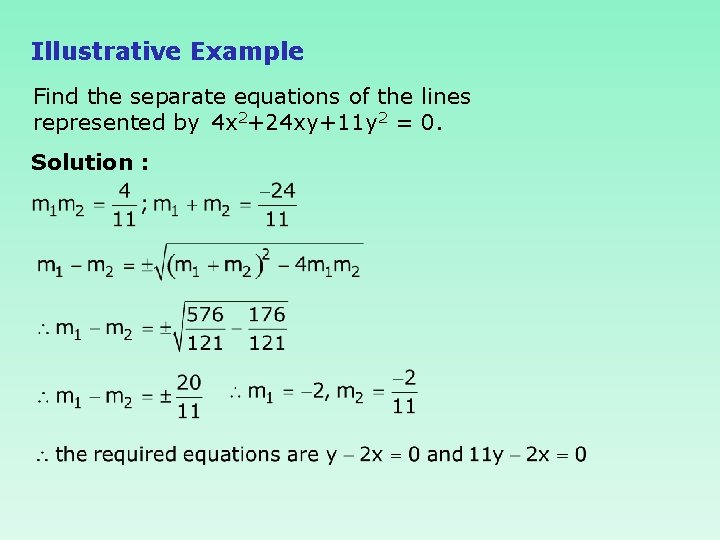 Illustrative Example Find the separate equations of the lines represented by 4 x 2+24