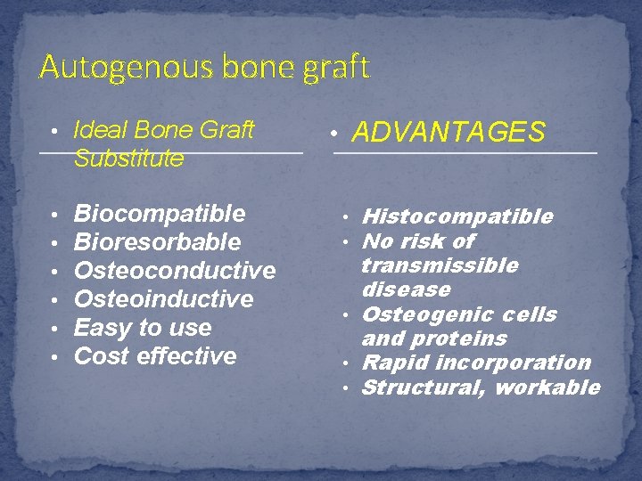 Autogenous bone graft • Ideal Bone Graft Substitute • • • Biocompatible Bioresorbable Osteoconductive