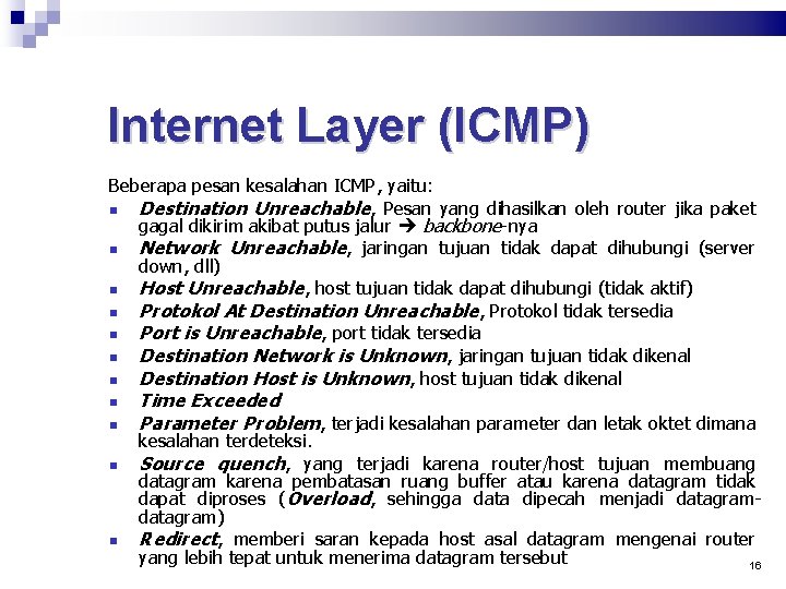 Internet Layer (ICMP) Beberapa pesan kesalahan ICMP, yaitu: Destination Unreachable, Pesan yang dihasilkan oleh
