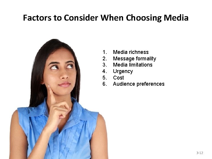 Factors to Consider When Choosing Media 1. 2. 3. 4. 5. 6. Media richness