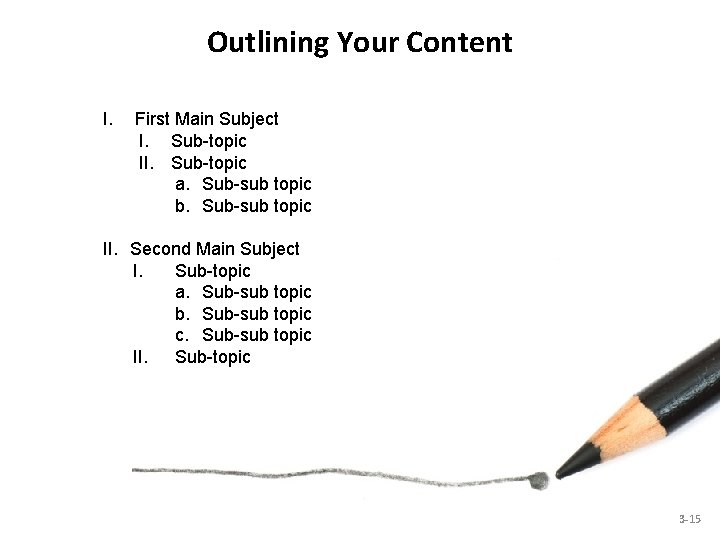 Outlining Your Content I. First Main Subject I. Sub-topic II. Sub-topic a. Sub-sub topic