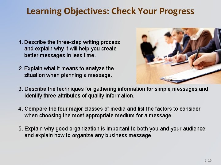 Learning Objectives: Check Your Progress 1. Describe three-step writing process and explain why it