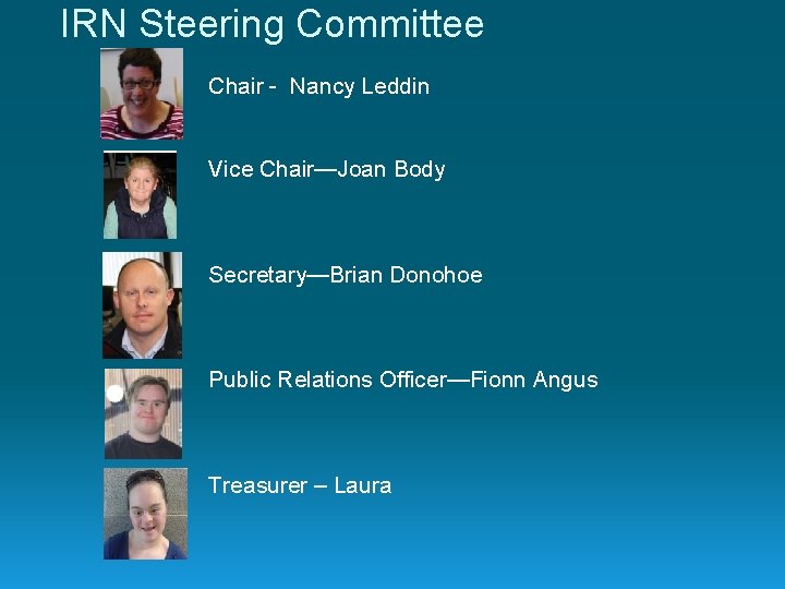IRN Steering Committee Chair - Nancy Leddin Vice Chair—Joan Body Secretary—Brian Donohoe Public Relations IRN Steering Committee Chair - Nancy Leddin Vice Chair—Joan Body Secretary—Brian Donohoe Public Relations