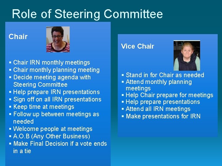 Role of Steering Committee Chair Vice Chair § Chair IRN monthly meetings § Chair