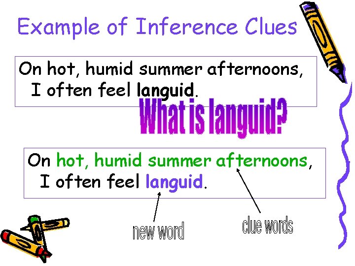 Example of Inference Clues On hot, humid summer afternoons, I often feel languid. Example of Inference Clues On hot, humid summer afternoons, I often feel languid.