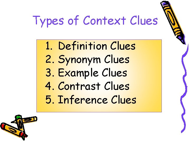 Types of Context Clues 1. 2. 3. 4. 5. Definition Clues Synonym Clues Example
