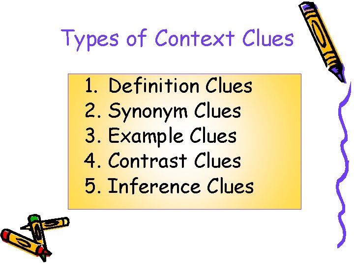 Types of Context Clues 1. 2. 3. 4. 5. Definition Clues Synonym Clues Example Types of Context Clues 1. 2. 3. 4. 5. Definition Clues Synonym Clues Example