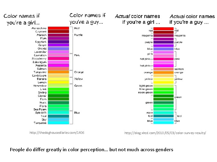 http: //thedoghousediaries. com/1406 http: //blog. xkcd. com/2010/05/03/color-survey-results/ People do differ greatly in color perception…