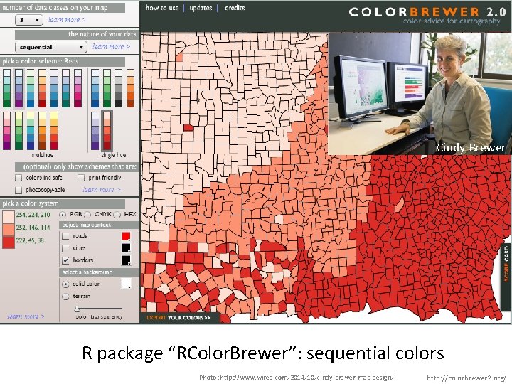 Cindy Brewer R package “RColor. Brewer”: sequential colors Photo: http: //www. wired. com/2014/10/cindy-brewer-map-design/ http: