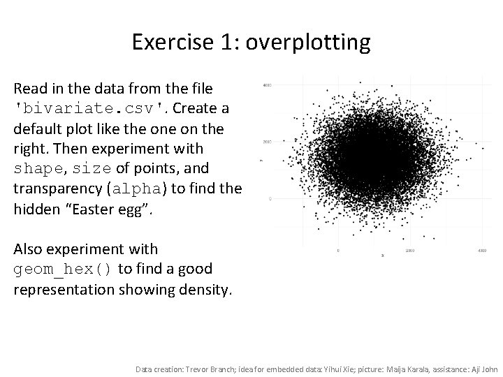 Exercise 1: overplotting Read in the data from the file 'bivariate. csv'. Create a