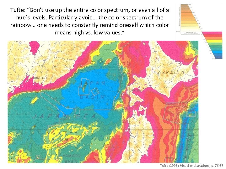Tufte: “Don’t use up the entire color spectrum, or even all of a hue’s