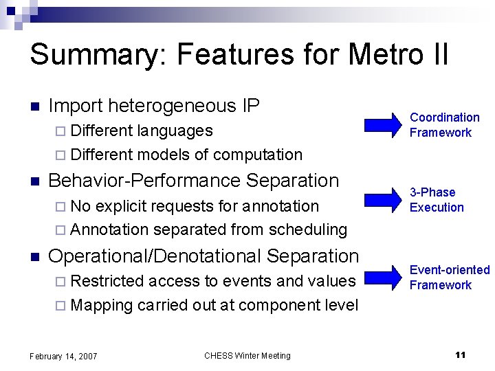 Summary: Features for Metro II n Import heterogeneous IP ¨ Different languages ¨ Different