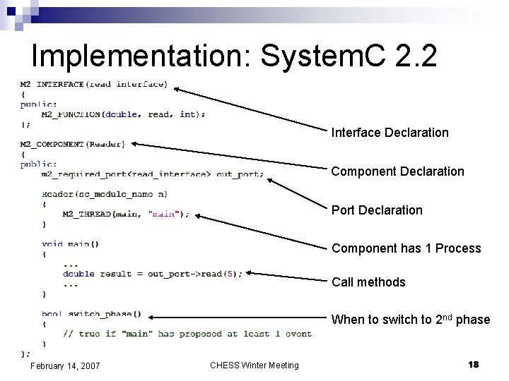 Implementation: System. C 2. 2 Interface Declaration Component Declaration Port Declaration Component has 1
