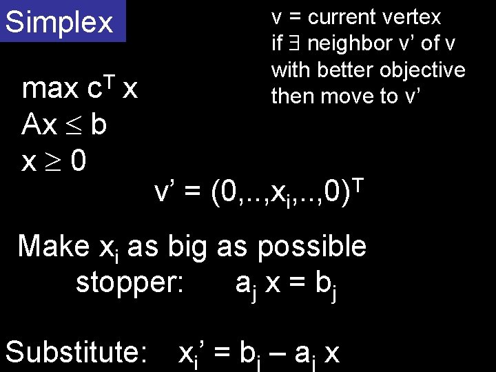 v = current vertex if neighbor v’ of v with better objective then move