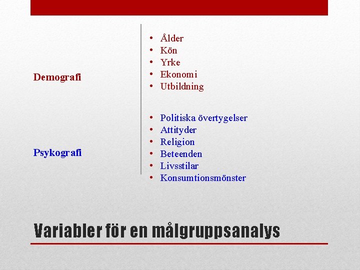 Demografi Psykografi • • • Ålder Kön Yrke Ekonomi Utbildning • • • Politiska