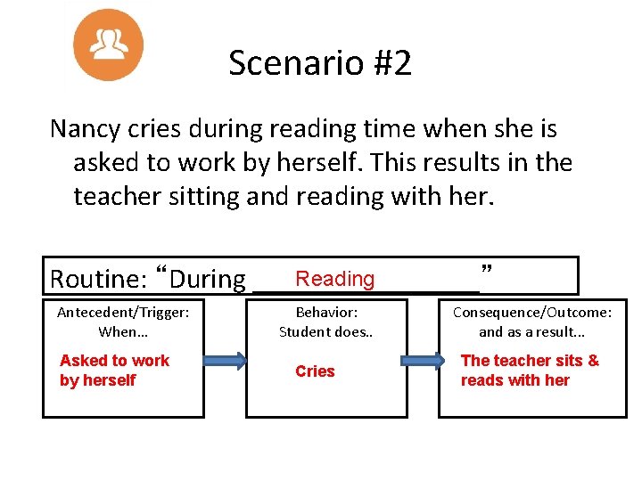 Scenario #2 Nancy cries during reading time when she is asked to work by