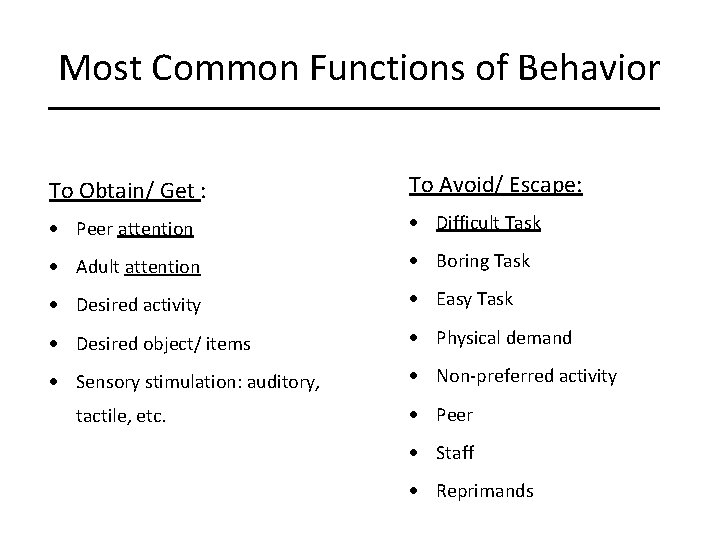 Most Common Functions of Behavior To Obtain/ Get : To Avoid/ Escape: · Peer