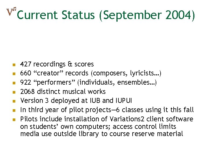 Current Status (September 2004) n n n n 427 recordings & scores 660 “creator” Current Status (September 2004) n n n n 427 recordings & scores 660 “creator”