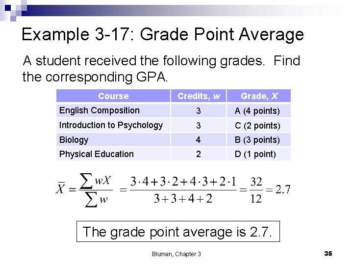 Example 3 -17: Grade Point Average A student received the following grades. Find the