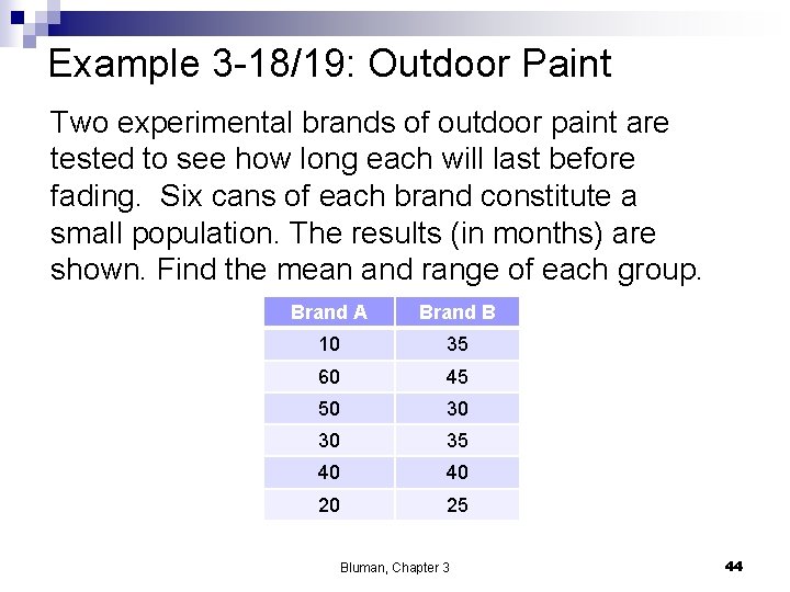 Example 3 -18/19: Outdoor Paint Two experimental brands of outdoor paint are tested to