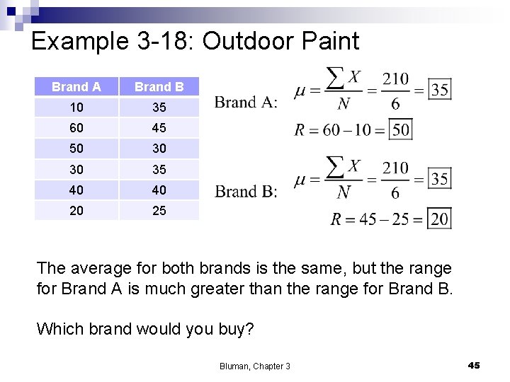 Example 3 -18: Outdoor Paint Brand A Brand B 10 35 60 45 50