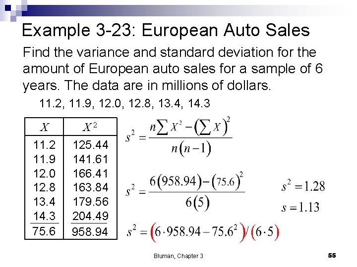 Example 3 -23: European Auto Sales Find the variance and standard deviation for the