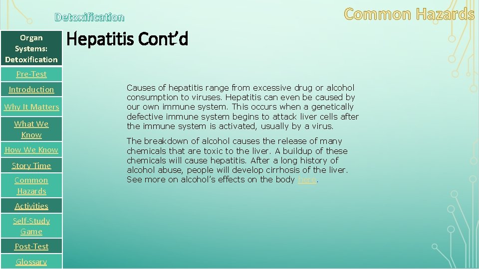Detoxification Organ Systems: Detoxification Hepatitis Cont’d Pre-Test Introduction Why It Matters What We Know Detoxification Organ Systems: Detoxification Hepatitis Cont’d Pre-Test Introduction Why It Matters What We Know