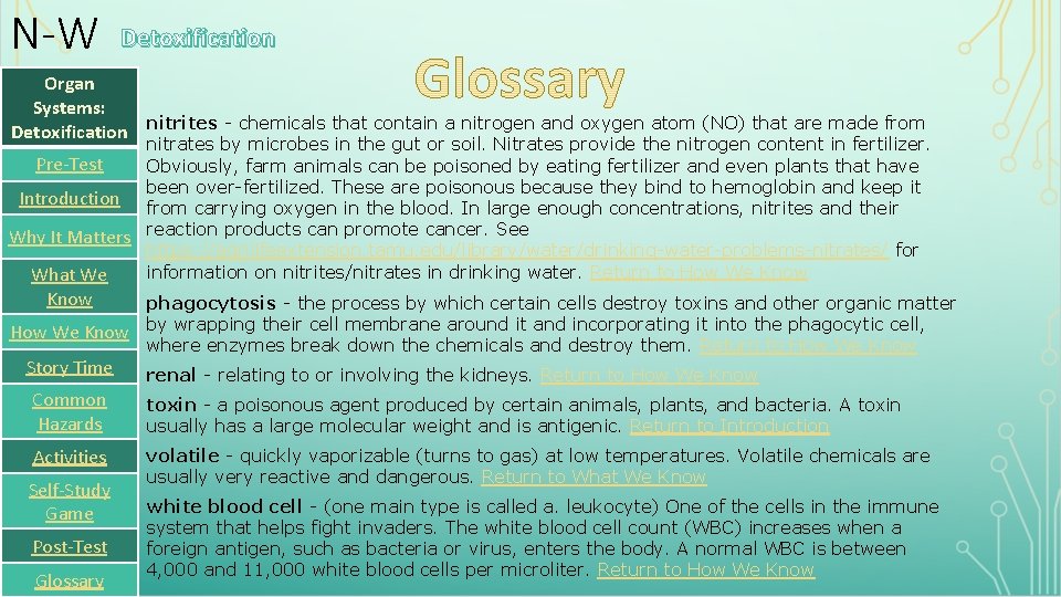 N-W Detoxification Organ Systems: Detoxification nitrites - chemicals that contain a nitrogen and oxygen