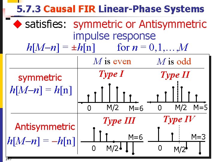 5. 7. 3 Causal FIR Linear-Phase Systems u satisfies: symmetric or Antisymmetric impulse response