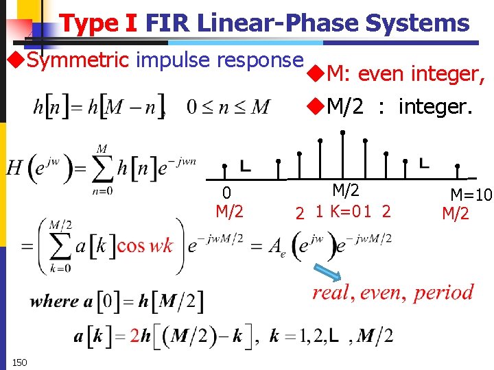 Type I FIR Linear-Phase Systems u. Symmetric impulse response 0 M/2 150 u. M: