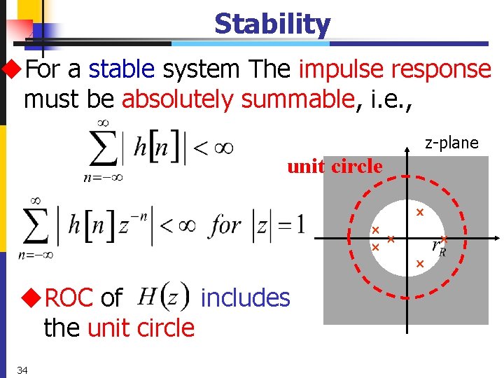 Stability u. For a stable system The impulse response must be absolutely summable, i.