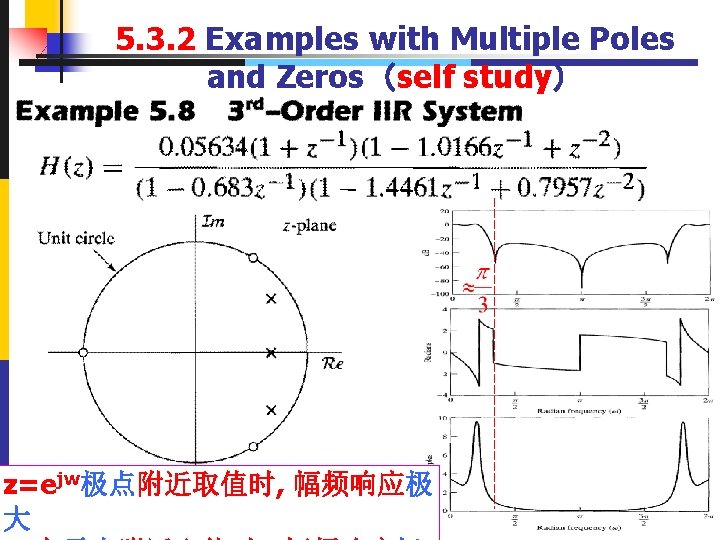 5. 3. 2 Examples with Multiple Poles and Zeros（self study） z=ejw极点附近取值时, 幅频响应极 大 71