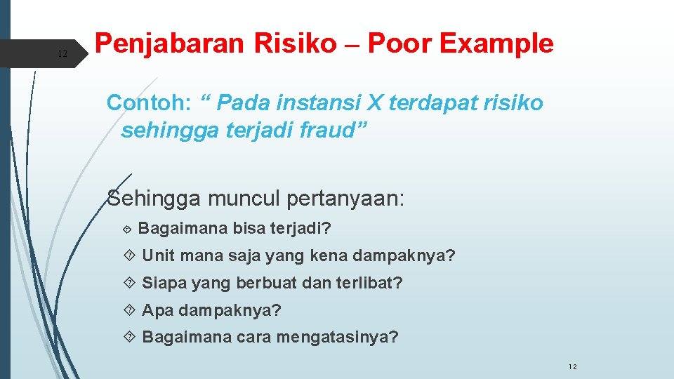 12 Penjabaran Risiko – Poor Example Contoh: “ Pada instansi X terdapat risiko sehingga