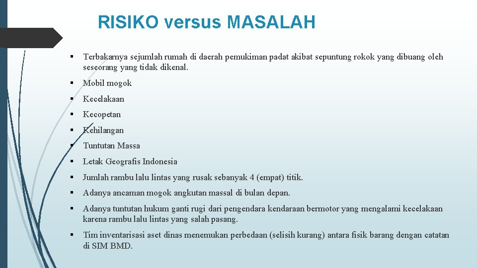 RISIKO versus MASALAH § Terbakarnya sejumlah rumah di daerah pemukiman padat akibat sepuntung rokok