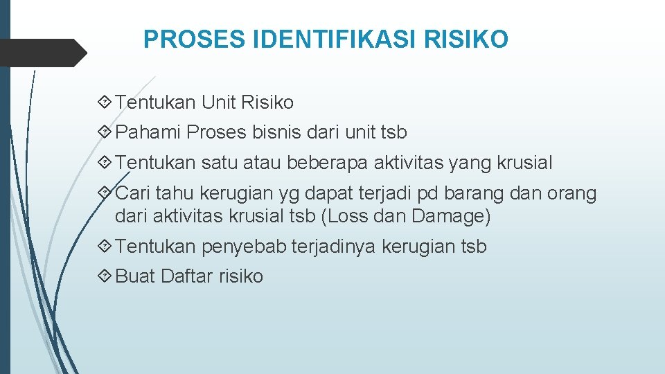 PROSES IDENTIFIKASI RISIKO Tentukan Unit Risiko Pahami Proses bisnis dari unit tsb Tentukan satu