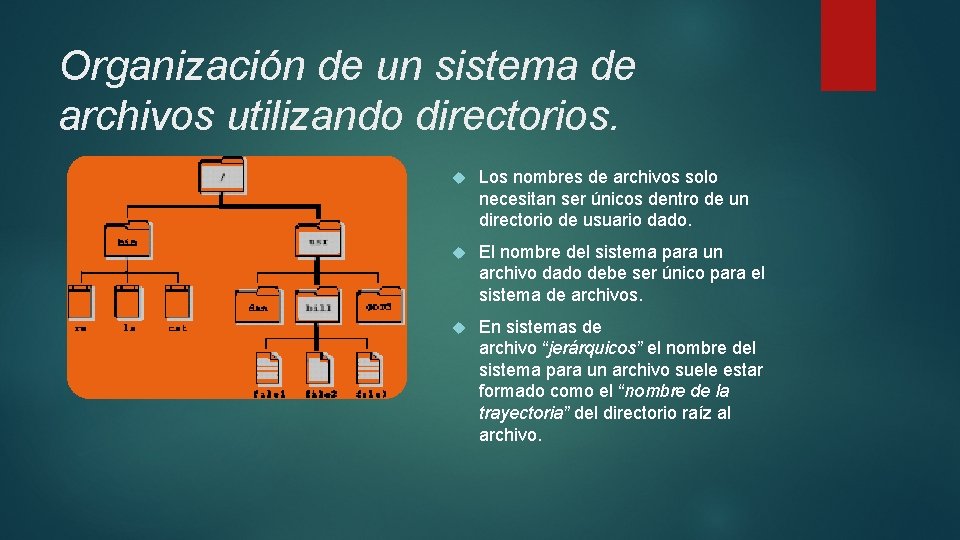 Organización de un sistema de archivos utilizando directorios. Los nombres de archivos solo necesitan