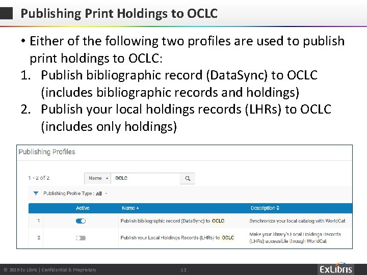 Publishing Print Holdings to OCLC • Either of the following two profiles are used