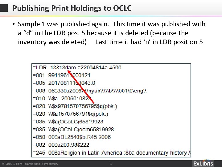 Publishing Print Holdings to OCLC • Sample 1 was published again. This time it